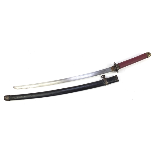 2351 - Japanese military interest katana with leather scabbard and steel blade, 97cm in length