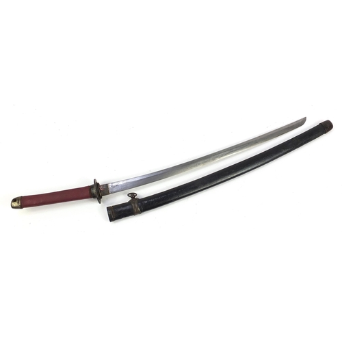 2351 - Japanese military interest katana with leather scabbard and steel blade, 97cm in length