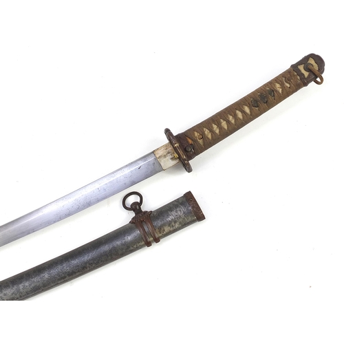 2350 - Japanese military interest katana with shagreen bound grip, scabbard and steel blade, 97.5cm in leng... 