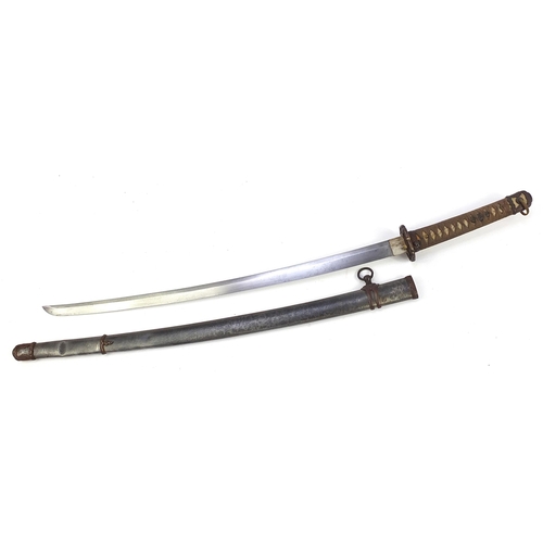 2350 - Japanese military interest katana with shagreen bound grip, scabbard and steel blade, 97.5cm in leng... 