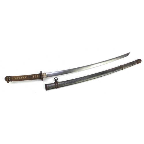 2350 - Japanese military interest katana with shagreen bound grip, scabbard and steel blade, 97.5cm in leng... 