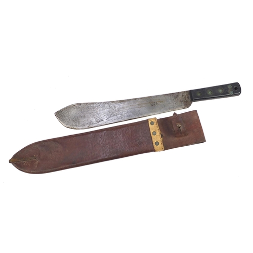 2365 - British military World War II machete with leather sheath and steel blade impressed J J B dated 1945... 