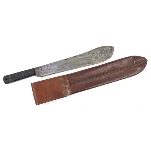 2365 - British military World War II machete with leather sheath and steel blade impressed J J B dated 1945... 