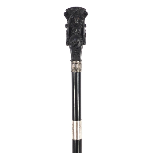 514 - Victorian ebonised swordstick with silver mounts, classical female design handle and steel blade, 93... 