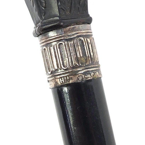 514 - Victorian ebonised swordstick with silver mounts, classical female design handle and steel blade, 93... 