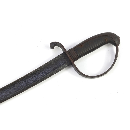 2355 - Georgian military interest sabre with leather handle and steel blade, 89cm in length