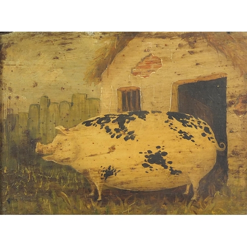 274 - Pigs in pig sties, pair of 19th century Naive oil on wood panels, framed, each approximately 8.5cm x... 