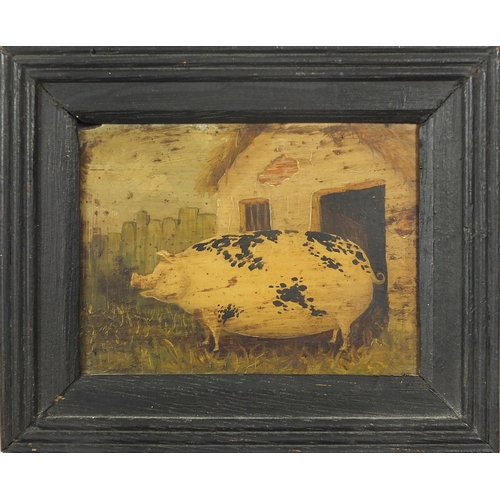 274 - Pigs in pig sties, pair of 19th century Naive oil on wood panels, framed, each approximately 8.5cm x... 