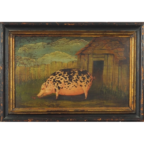 273 - Pig in a pig sty eating apples, 19th century Naive oil on wood panel, inscribed in ink verso, Brutus... 