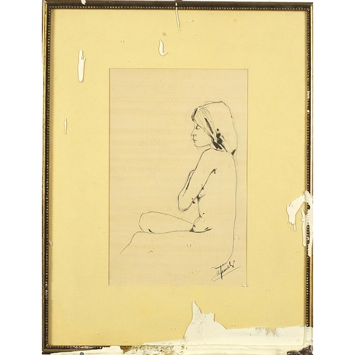 398 - Portrait of a seated nude female, ink, indistinctly signed, mounted, framed and glazed, 27.5cm x 18c... 