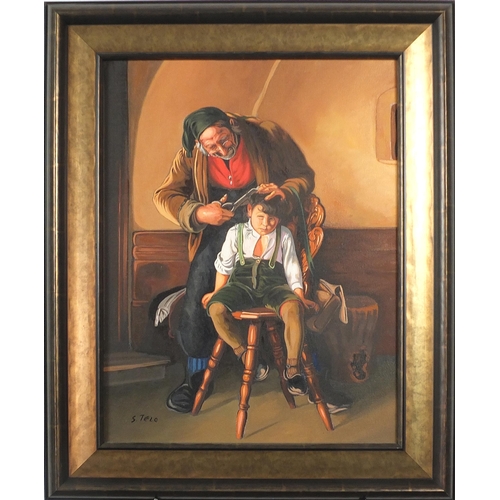 705 - Manner of Norman Rockwell - Interior scene with gentleman cutting a child's hair, oil on canvas, mou... 