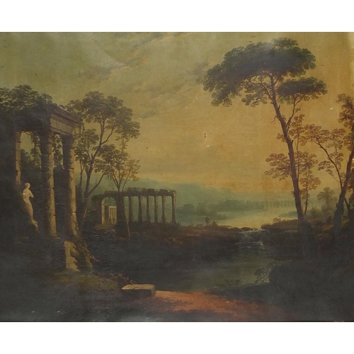 477 - Grecian landscape with statues and ruins, 19th century oil on canvas, inscribed in ink verso Mary Ho... 