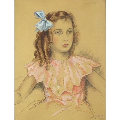 1319 - Molly Bishop 1937 - Top half portrait of a girl wearing a cross pendant, mixed media, mounted, frame... 