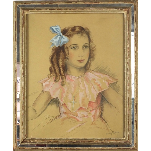 1319 - Molly Bishop 1937 - Top half portrait of a girl wearing a cross pendant, mixed media, mounted, frame... 