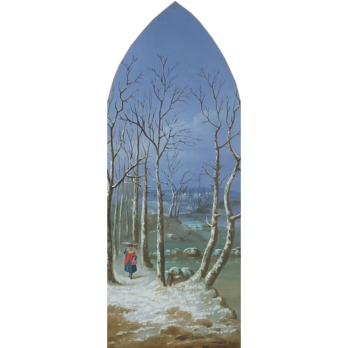 1318 - Winter landscape with figure collecting wood and figures before a flock of sheep, pair of oil on boa... 