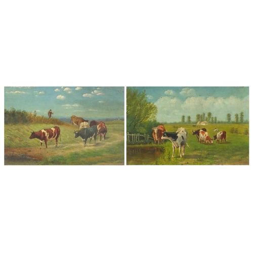 17 - Cattle grazing before landscapes, pair of oil on boards, mounted, framed and glazed, each 22.5cm x 1... 