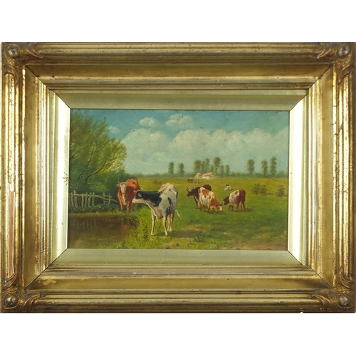 17 - Cattle grazing before landscapes, pair of oil on boards, mounted, framed and glazed, each 22.5cm x 1... 