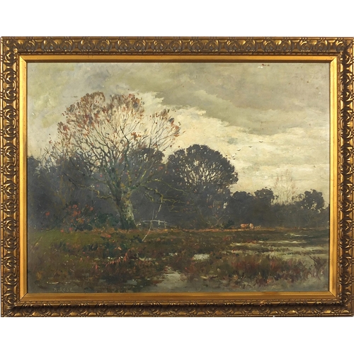 776 - Adele Rose - Grey day, rural landscape, signed oil on board, indistinctly signed and inscribed in in... 