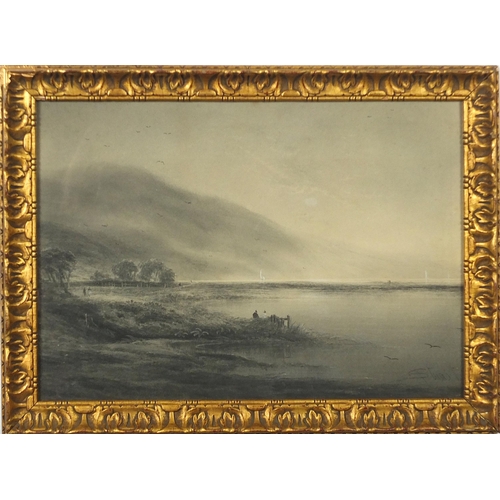 397 - R T Stuart - Scottish loch scene with figures, signed en grisaille, housed in an ornate gilt frame, ... 