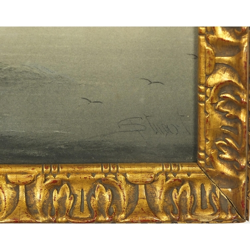 397 - R T Stuart - Scottish loch scene with figures, signed en grisaille, housed in an ornate gilt frame, ... 