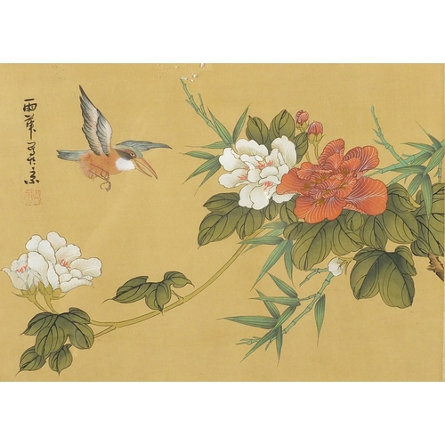 1148 - Birds of paradise amongst flowers and bamboo groves, three Chinese watercolours on silk, each with c... 