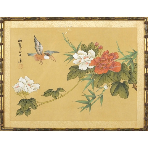 1148 - Birds of paradise amongst flowers and bamboo groves, three Chinese watercolours on silk, each with c... 