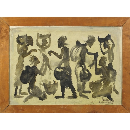 116 - Mwenze Kibwanga - Village scene with figures carrying vessels, Congolese school oil on canvas, frame... 