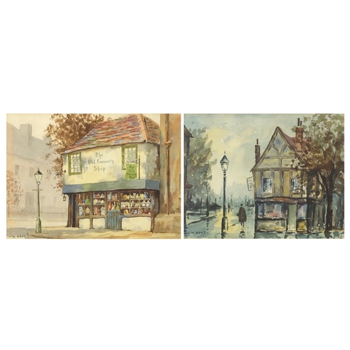 1296 - W Noot - The Old Curiosity Shop and Street scene with figures, pair of watercolours, mounted, framed... 