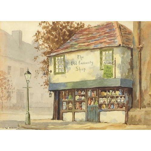 1296 - W Noot - The Old Curiosity Shop and Street scene with figures, pair of watercolours, mounted, framed... 