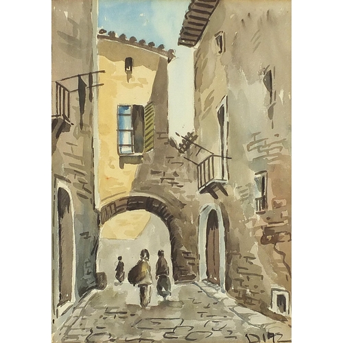 1272 - Street scenes with archways, pair of continental watercolours, each indistinctly signed possibly Dia... 