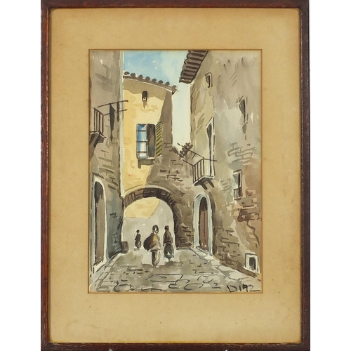 1272 - Street scenes with archways, pair of continental watercolours, each indistinctly signed possibly Dia... 