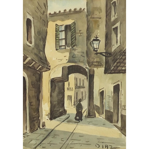 1272 - Street scenes with archways, pair of continental watercolours, each indistinctly signed possibly Dia... 