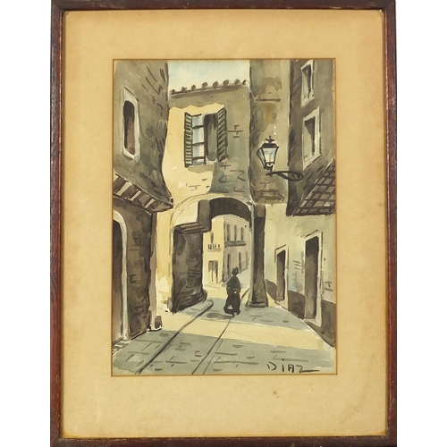 1272 - Street scenes with archways, pair of continental watercolours, each indistinctly signed possibly Dia... 