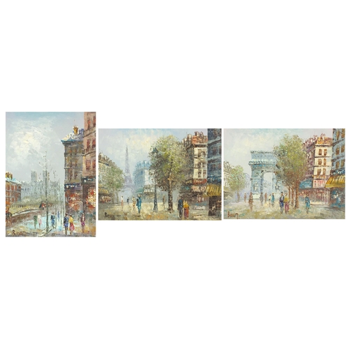 1322 - Burnett - Parisian street scenes with figures, set of three Impressionist oil on boards, each mounte... 