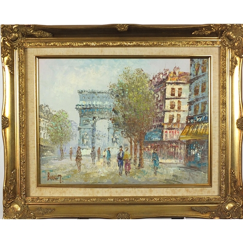 1322 - Burnett - Parisian street scenes with figures, set of three Impressionist oil on boards, each mounte... 