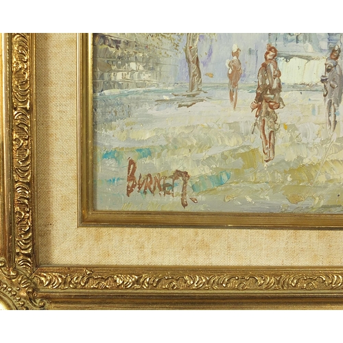 1322 - Burnett - Parisian street scenes with figures, set of three Impressionist oil on boards, each mounte... 