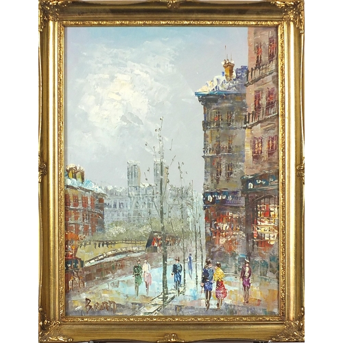 1322 - Burnett - Parisian street scenes with figures, set of three Impressionist oil on boards, each mounte... 