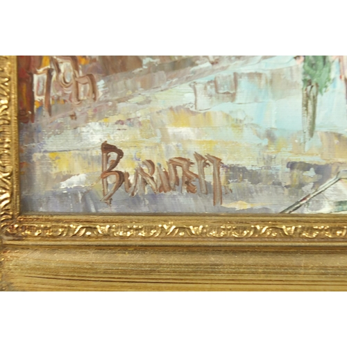 1322 - Burnett - Parisian street scenes with figures, set of three Impressionist oil on boards, each mounte... 