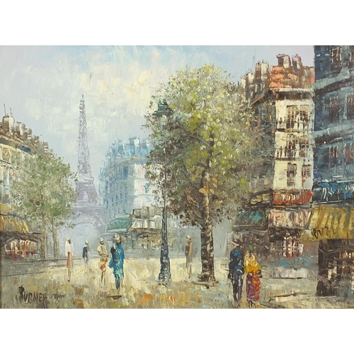 1322 - Burnett - Parisian street scenes with figures, set of three Impressionist oil on boards, each mounte... 