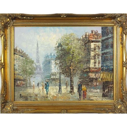 1322 - Burnett - Parisian street scenes with figures, set of three Impressionist oil on boards, each mounte... 