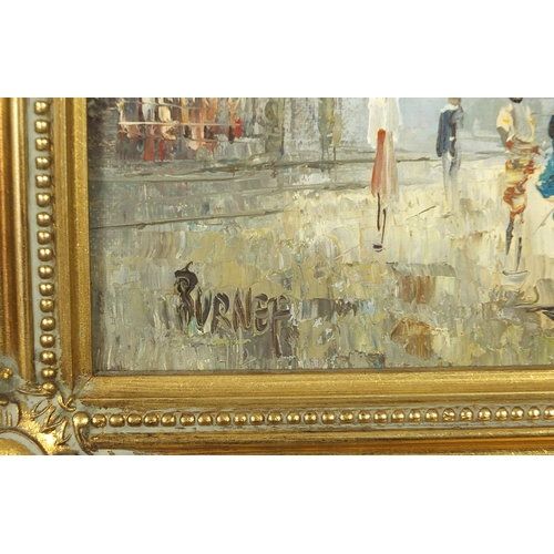 1322 - Burnett - Parisian street scenes with figures, set of three Impressionist oil on boards, each mounte... 