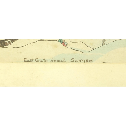 38 - Elizabeth Keith - East Gate, Seoul sunrise, 1920s Scottish school Japanese style woodblock print in ... 