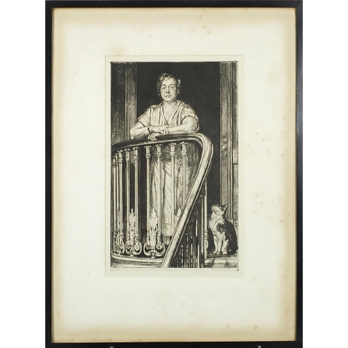 61 - Francis H Dodd - Female at a banister with cat, pencil signed etching, J Laurence & Co, Liverpool St... 