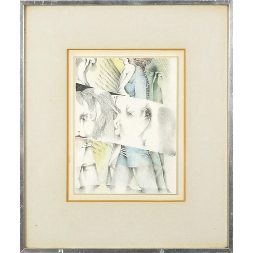 221 - U Bahnsen '68 -  Surreal figures, 1960s Scandinavian school mixed media, mounted, framed and glazed,... 