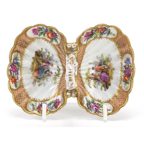 261 - Meissen, German porcelain double shell salt hand painted with lovers and flowers, 10.5cm in length