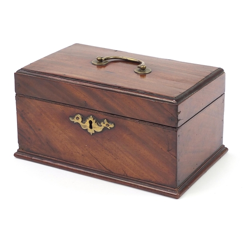 1212 - Georgian mahogany tea caddy with brass carrying handle, 11.5cm H x 23cm W x 14.5cm D