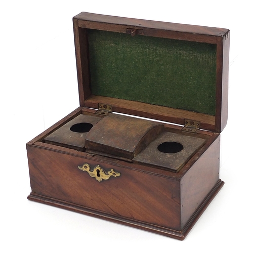 1212 - Georgian mahogany tea caddy with brass carrying handle, 11.5cm H x 23cm W x 14.5cm D