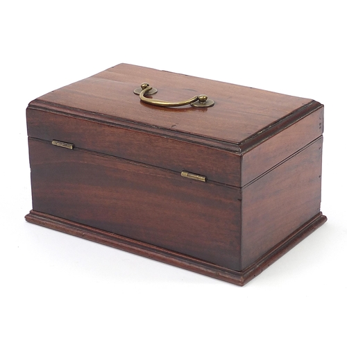 1212 - Georgian mahogany tea caddy with brass carrying handle, 11.5cm H x 23cm W x 14.5cm D