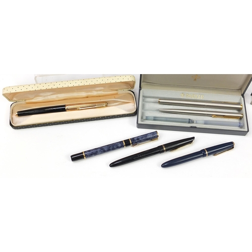 188 - Pens and pencils including Parker 65 with 14k gold nib, Parker Lady and Watermans