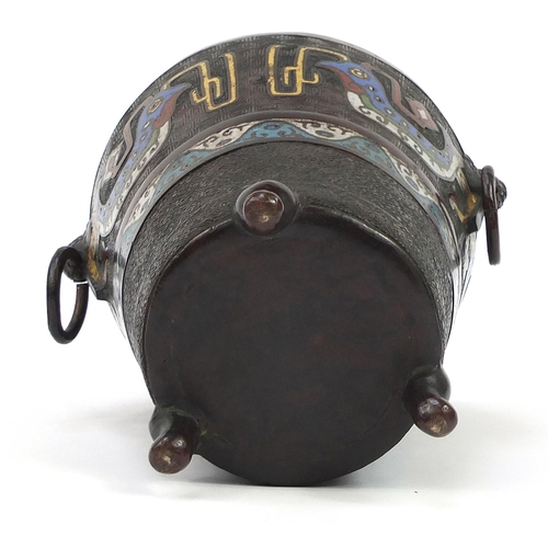 234 - *WITHDRAWN* Japanese cloisonne tripod lidded incense burner with ring turned handles enamelled with ... 